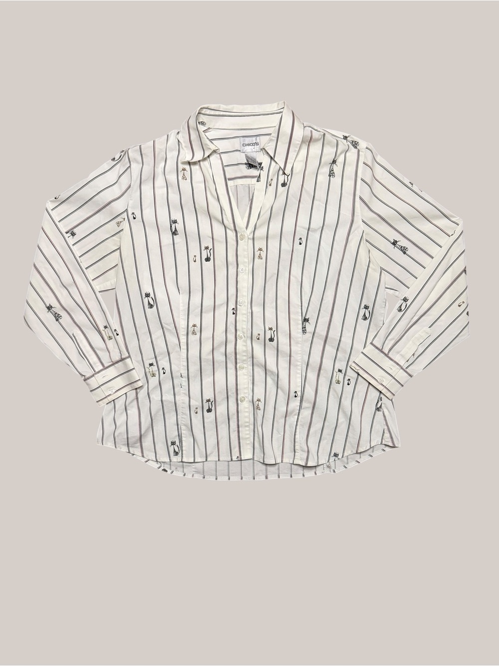 VINTAGE Chico’s white & black striped button up long sleeve blouse with cats